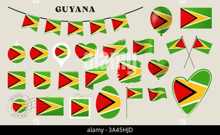 guyana flag set. Various National flag collection with different shapes like heart, shield, easter egg, location, circle, postmark, grunge, square, ro Stock Vector