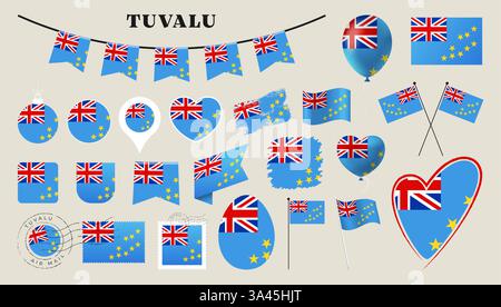 tuvalu flag set. Various National flag collection with different shapes like heart, shield, easter egg, location, circle, postmark, grunge, square, ro Stock Vector