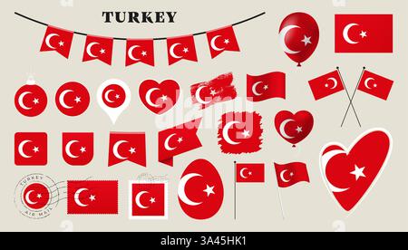 turkey flag set. Various National flag collection with different shapes like heart, shield, easter egg, location, circle, postmark, grunge, square, ro Stock Vector