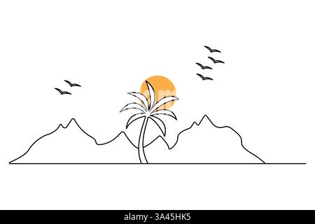 Mountain continuous one line art drawing with outline vector illustration Stock Vector