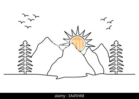 Mountain continuous one line art drawing with outline vector illustration Stock Vector