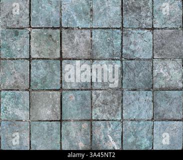 Unique natural stone marble tiles wall texture in mix of blue, grey, cyan color with random abstract veins. Honed and rough outdoor marble tiles wall Stock Photo