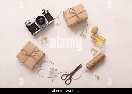 Frame made of camera, tied boxes and dried flower twigs on white grunge background Stock Photo