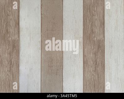 Vintage wood wallpaper stripes in brown and white wood plank. Weathered wooden deck seamless background texture. Stock Photo