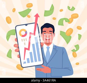 Businessman shows phone. Happy man in office suit holds smartphone with growing charts on screen, successful startup. Statistic growth cartoon flat Stock Vector