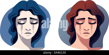 Two artistic depictions of crying women, one in cool blue tones and the other in warm red tones, on a white background. Woman in depression. Concept Stock Vector