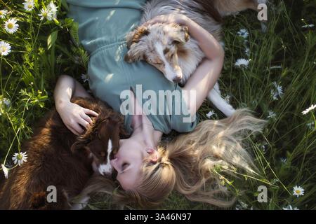 young woman with 2 Miniature Australian Shepherds Stock Photo