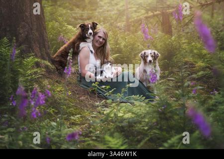 young woman with 2 Miniature Australian Shepherds Stock Photo