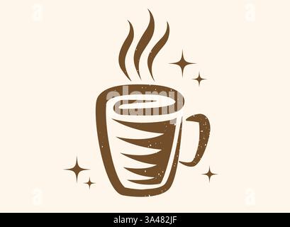 Vector illustration of a cup of coffee or tea in retro style. Vintage logo of hot drink for cafe. Vector icon of coffee or tea mug. Stock Vector
