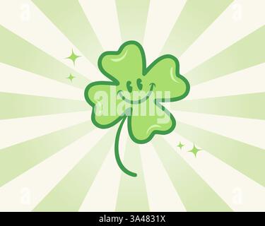 Vector four leaf lucky clover for st. Patrick's day in groovy style. Retro cartoon of lucky clover for Patricks day. Stock Vector