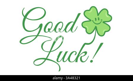 Vector vintage poster with clover for Patrick's day. Vector green lucky clover and text of Good luck. Stock Vector