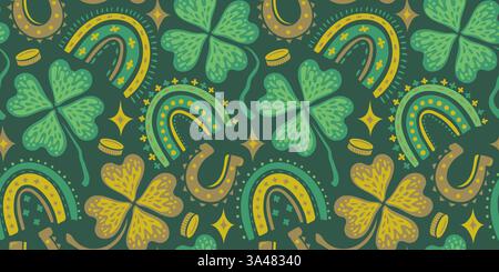Vector funny seamless pattern for Patrick's day with lucky clover, money, horseshoe and rainbow. Stock Vector