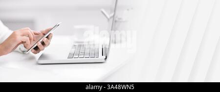 Unrecognizable lady writing message on line at work Stock Photo