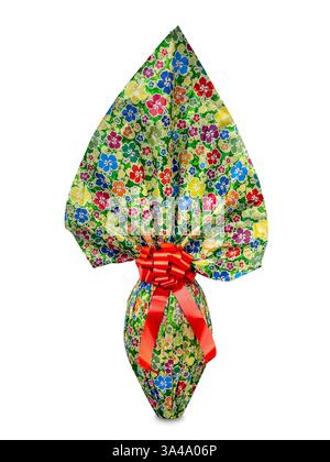 Easter chocolate egg wrapped in paper with multicolored flower designs with red satin bow isolated on white with clipping path included Stock Photo