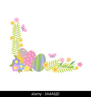 Easter egg, flowers, leaves, butterfly decorated holiday corner festive arrangement, hand drawn vector illustration for springtime celebration decor, greeting cards, invitations, banners, web design Stock Vector