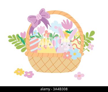 Cute Easter basket filled with pastel eggs, bunny, chick, and spring flowers. Perfect for festive cards, holiday decorations, and spring events Stock Vector