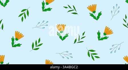Seamless floral pattern with orange calendula and different leaves on a light blue background Stock Vector