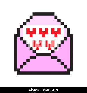 Pixel pink envelope. Red hearts letter. Romantic mail symbol. Vector love concept. Stock Vector