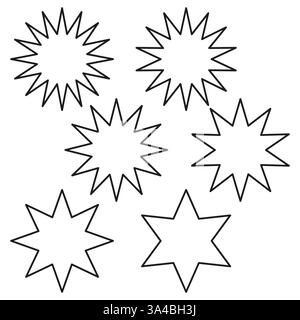 Outline star icons. Geometric spiky shapes. Abstract starburst set. Black vector elements. Stock Vector