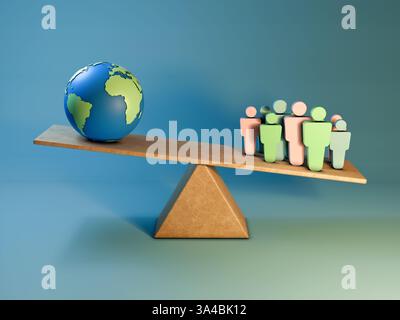 Increasing human population and planet Earth on a scale. Digital illustration, 3D render. Stock Photo