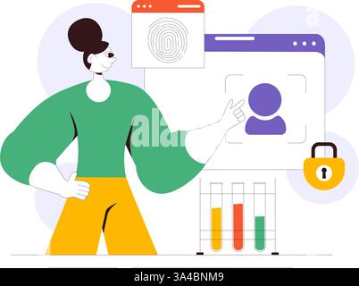 Forensics Technology Vector Illustration Featuring Biometric Access Control and Server Data Recovery with Fingerprint Screening Security System Stock Vector