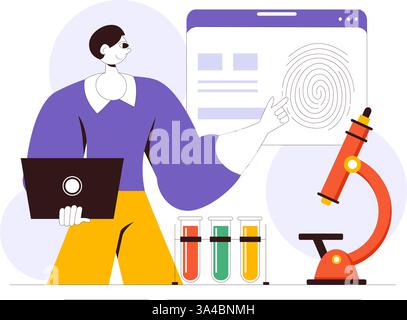 Forensics Technology Vector Illustration Featuring Biometric Access Control and Server Data Recovery with Fingerprint Screening Security System Stock Vector