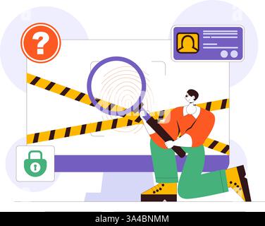 Forensics Technology Vector Illustration Featuring Biometric Access Control and Server Data Recovery with Fingerprint Screening Security System Stock Vector