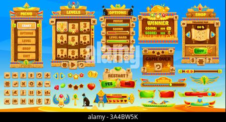 Ancient Egypt game interface, GUI buttons and elements assets, vector templates. Ancient Egypt game menu buttons and interface with pharaoh pyramid, l Stock Vector