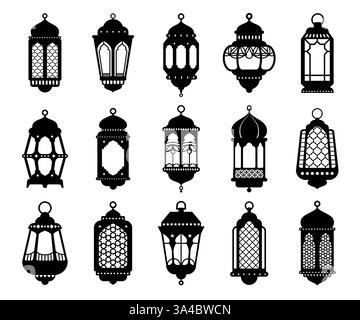 Arabian lanterns and lamps vector silhouettes of islam fanous Ramadan lights. Muslim Eid Mubarak and Ramadan Kareem lanterns with arab stars and flowe Stock Vector