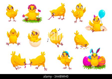 Cartoon funny chick characters with Easter eggs. Cute baby chickens vector personages of little yellow farm birds hatching from shell, pecking grains, Stock Vector