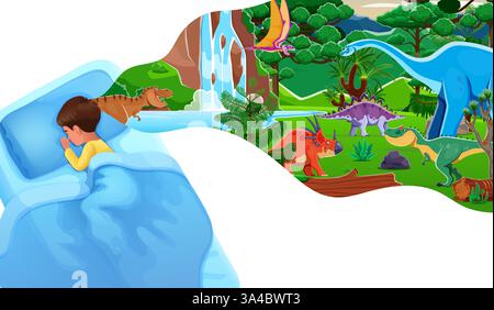 Sleeping boy dreams about dinosaurs vector banner. Cartoon cute kid character sleeping in bed and having dream of funny prehistoric dino animals. Drea Stock Vector
