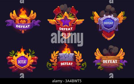 Defeat game frame icons with wood boards, stone shields and gold stars, vector UI assets set. Cartoon game defeat or level fail badges with burning fl Stock Vector