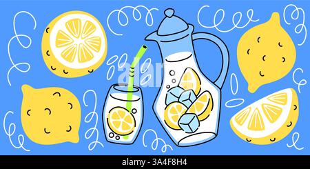 Beverage doodle set - glass and pitcher of summer refreshing lemonade drink with cute yellow slices, juicy halved fruit and whole lemons, ice and mint leaves. Hand drawn cartoon citrus illustration. Stock Vector