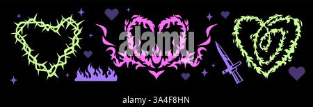 Flaming heart set - love symbol with thorn and barbed wire frames, dagger and, burning silhouettes. Decorative elements for edgy old school brutalism tattoo designs in neon green and pink colors. Stock Vector