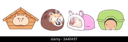 Kawaii hamster characters in cute houses and beds set - chubby rodent sleeping, domestic creature eating sunflower seed, funny beast smiling, plump pet curled up. Cute animal cartoon clipart. Stock Vector