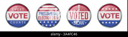 Round circle badge metal emblems with American flag design. 3D realistic vector illustration isolated on white. Stock Vector