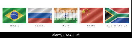 Waving flags of the BRICS member countries. 3D realistic vector illustration isolated on white. Stock Vector