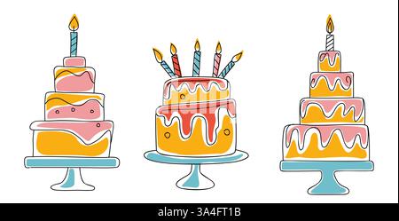 Set of birthday cakes with candles sketch vector Stock Vector