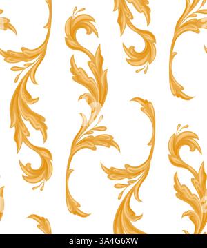 Vector gold vintage curls pattern. Golden floral baroque texture on white background. Flourish background for wallpaper and fabric Stock Vector