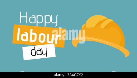 Happy labour day. Vector horizontal card with text and protective helmet in flat style. Professional builder holiday. Festive banner. Stock Vector