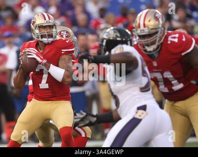 Aug. 7, 2014 - Baltimore, MD, United States of America - San Francisco 49ers QB Colin Kaepernick (7) looks to throw the football during a preseason game against the Baltimore Ravens at M&T Bank Stadium in Baltimore, MD on August 7, 2014. Photo: Mike Buscher/Cal Sport Media(Credit Image: © Mike Buscher/Cal Sport Media/ZUMAPRESS.com) Stock Photo