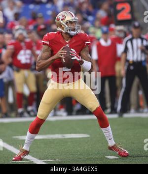 Aug. 7, 2014 - Baltimore, MD, United States of America - San Francisco 49ers QB Colin Kaepernick (7) looks to throw the football during a preseason game against the Baltimore Ravens at M&T Bank Stadium in Baltimore, MD on August 7, 2014. Photo: Mike Buscher/Cal Sport Media(Credit Image: © Mike Buscher/Cal Sport Media/ZUMAPRESS.com) Stock Photo