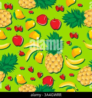 Mango pineapple apple strawberry banana cherry mix fruits seamless pattern on light green background for wallpaper, pattern, web, blog, surface. Stock Vector