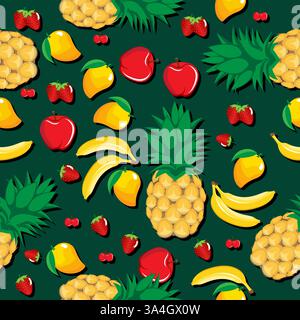 Mango pineapple apple strawberry banana cherry mix fruits seamless pattern on dark green background for wallpaper, pattern, web, blog, surface Stock Vector