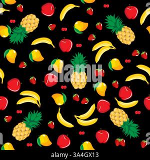 Mango pineapple apple strawberry banana cherry mix fruits seamless pattern on black background for wallpaper, pattern, web, blog, surface, texture. Stock Vector