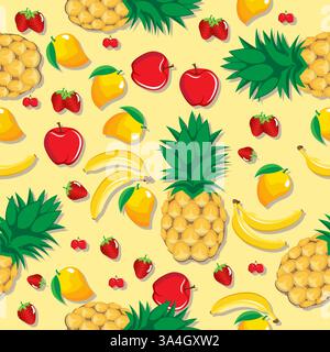 Mango pineapple apple strawberry banana cherry mix fruits seamless pattern on yellow background for wallpaper, pattern, web, blog, surface, textures. Stock Vector