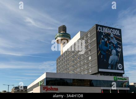 St Johns Tower, shopping centre, Holiday Inn hotel buildings from Lime Street, Liverpool, Merseyside, England, UK Stock Photo