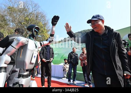 Humanoid robots interact with visitors, showcasing cutting-edge technology and creating a futuristic experience. Hangzhou,China.18th March 2025. The 'Longjing Tea Dialogue' cultural festival hosted in Hangzhou City, Zhejiang Province, March 18, 2025. Showcasing millennia-old tea traditions through antique tea brewing techniques, traditional tea roasting demonstrations, and tribute ceremonies to tea trees. The event immersed visitors in the profound heritage of West Lake Longjing tea culture. According to reports, this year's harvest of the Longjing No.43 cultivar – a modern hybrid prized for i Stock Photo