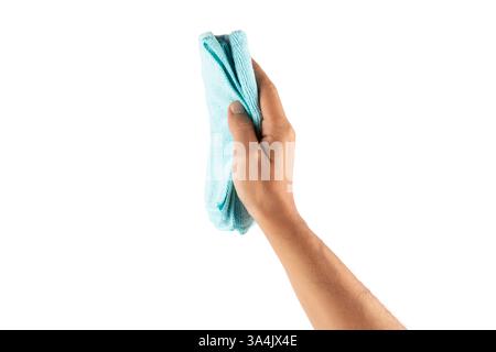 Male hand using a cyan cleaning cloth isolated no background Stock Photo