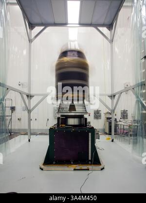 July 11, 2013 - LADEE Spin Test: During preparations for NASA's Lunar Atmosphere and Dust Environment Explorer (LADEE) observatory launch on Sept. 6, 2013, the spacecraft went through final preparations and close-outs, which included checking alignment after its cross-country shipment, checking the propulsion system for leaks, inspecting and repairing solar panels, and final electrical tests. After these activities were completed, more challenging portions of the launch preparations began: spin testing and fueling...To make sure that the spacecraft is perfectly balanced for flight, engineers m Stock Photo